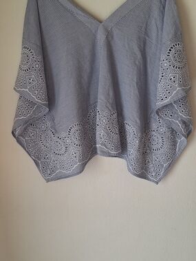 Anthropologie Navy and White Striped Crochet-Hem Top One Size Fits All